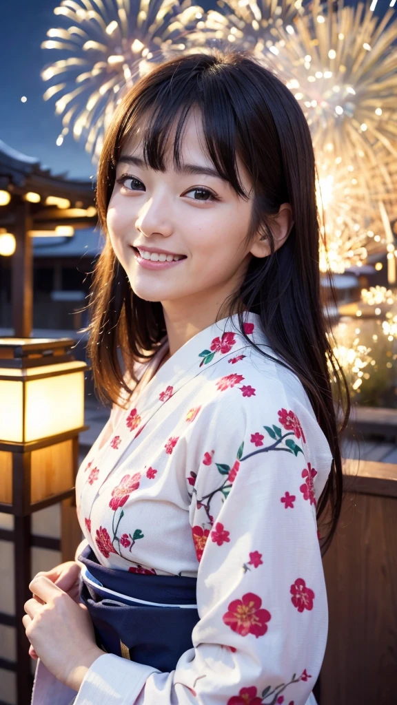High resolution、high quality、Detailed face、Beautiful Face、cute、Young Face、Young face、Beautiful scenery in Japan、yukata、An innocent smile、whole body、Summer festival、stall、Nightclub、firework