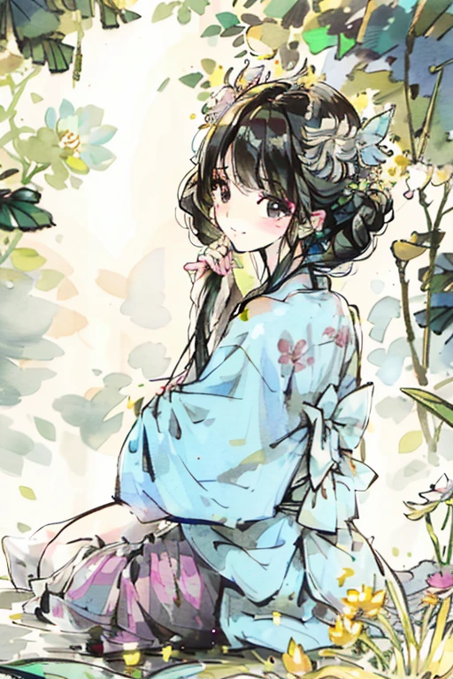 a beautiful black-haired girl, sitting on a lotus flower, looking back and smiling, correct hand，holding a delicate folding fan, (best quality,4k,8k,highres,masterpiece:1.2),ultra-detailed,(realistic,photorealistic,photo-realistic:1.37),intricate details,stunning colors,soft lighting,detailed facial features,elegant pose,serene atmosphere,lush garden background
