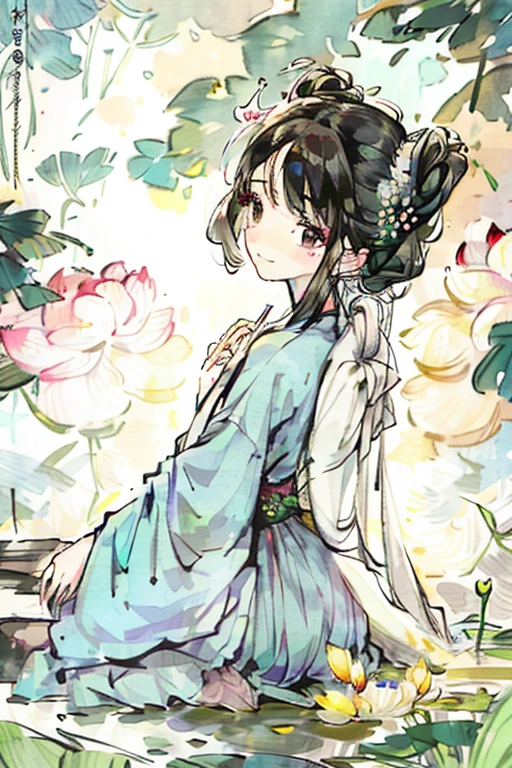 a beautiful black-haired girl, sitting on a lotus flower, looking back and smiling, correct hand，holding a delicate folding fan, (best quality,4k,8k,highres,masterpiece:1.2),ultra-detailed,(realistic,photorealistic,photo-realistic:1.37),intricate details,stunning colors,soft lighting,detailed facial features,elegant pose,serene atmosphere,lush garden background