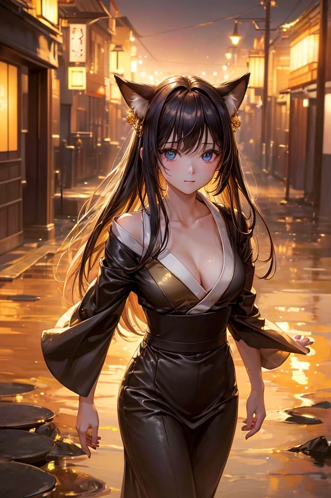 NSFW、One Girl、(20-year-old woman)、Cat ears headband、Shiny tail、Black enamel high leg suit、Ultra-thin suit、Skin is transparent、squat、Cat Pose、Black cat、City、Back alley at night、Green Eyes、Beautiful eyes、Laugh with fangs out、Faces aiming for prey、Looking from above