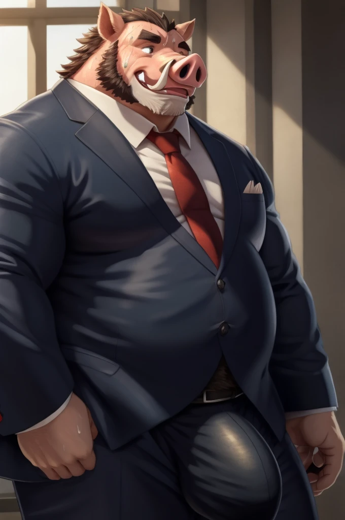 Author: bontiage, (1 boy), One, boar, tusks, beard, pig nose, overweight male, obese, big bulge crotch, boner, (sweat:1.6), Business suit, Men's Second, kemono, hot body, muscle, Beautiful, sexual, Attractive guy, (Detailed black eyes), brows, (masterpiece, A high resolution, Best quality), 4K, a male, Beautiful shadow,