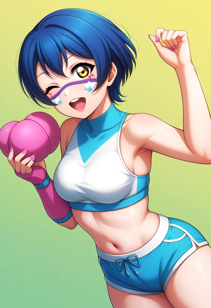 Masterpiece, sksrin, beautiful , facial details, 8k wallpaper, Rin Hoshizora Love Live, short hair, white gym bra, micro shorts , wrestling outfit,(lipstick:0.8), (face paint:1.2),Fascinated by her beauty ,wink, moist skin,thin waist ,short girl, skindentation , open mouth 