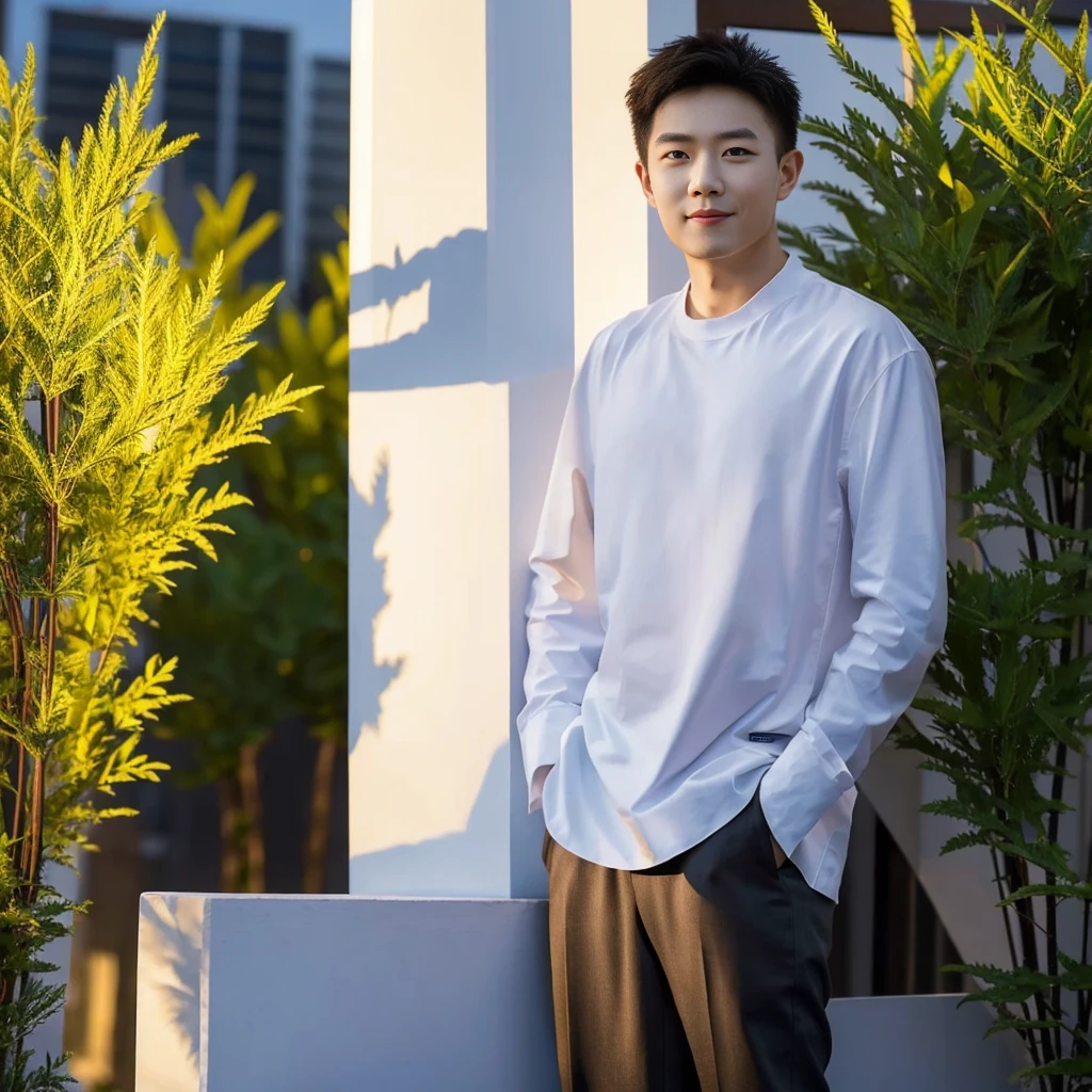 ((long distance shot:1.5)), full body view, asian man standing, smiling, light background
