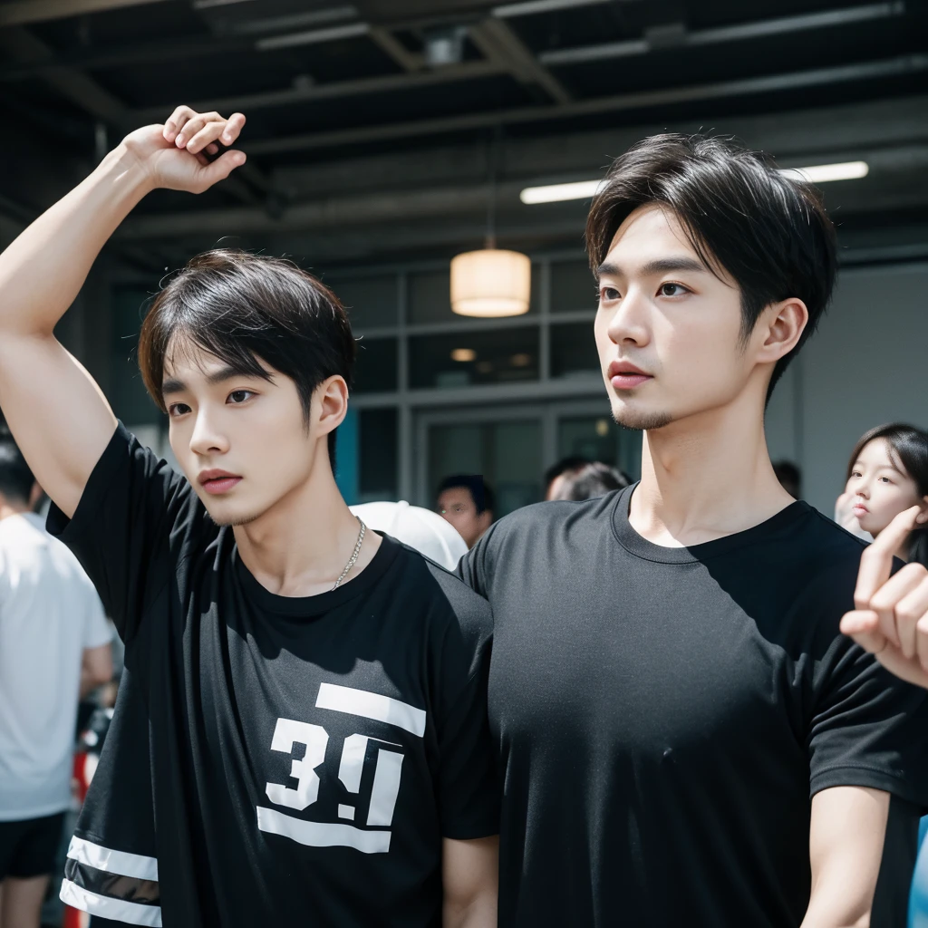 (photorealism:1.2), Two sportwear fashion handsome 18 yrs. old, k pop Asian male model, runway show full body holding sports bag pack, tank top casual wear style, SXR logo design, ultra-detailed, film photography, light leaks, trending on sportwear, sharp focus, studio photo, futuristic details, highly detailed