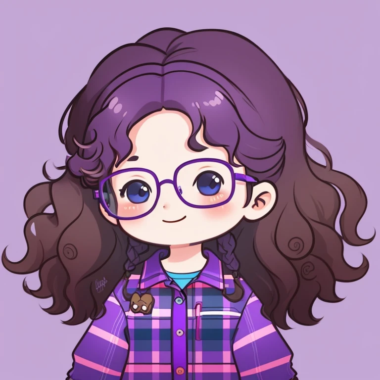 chibi avatar, woman with curly brown hair, blue eyes, wearing glasses, purple flannel shirt, smile, masterpiece, 8k, high resolution, shallow depth of field, sharp focus