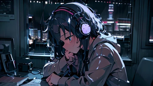 8K, high quality, High resolution, Realistic, night、Girl listening to music with headphones sitting in bed by the window, ((Heavy rain is falling outside the window)), hour々Thunder , (She has a mobile phone in her hand)