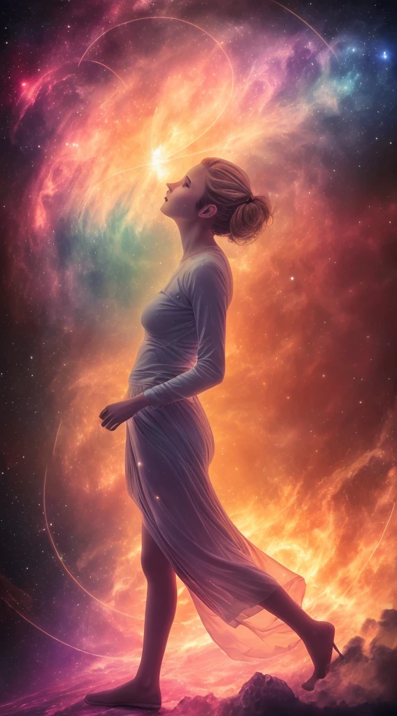 inconceivable and spectacular a scene of emergence of a figure from the glowing cloud, fractal nebula threads, cosmic entities, celestial, cosmic, vibrant and vivid, swirls, twirling, unrealistic, high contrast, symobolism, magical, mystical, mystifying, hyperrealistic, oversaturate, colorfully