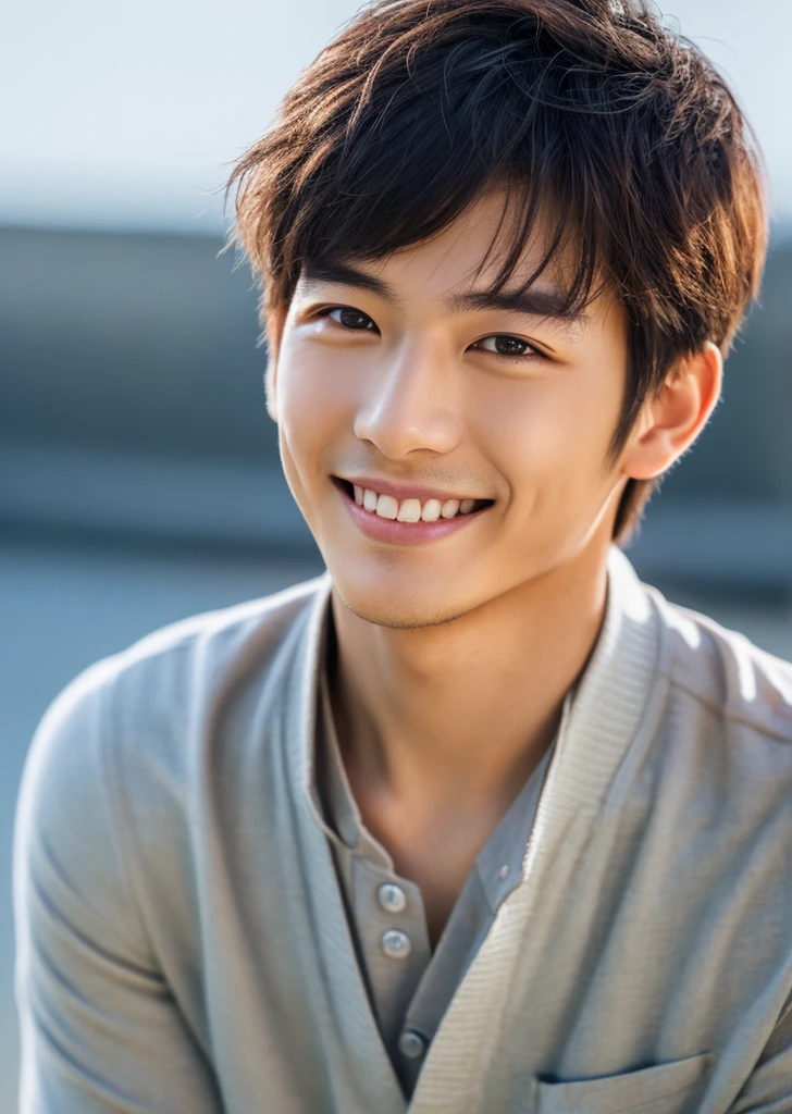 Highest quality, masterpiece, Ultra-high resolution, (Realistic: 1.4), Original photo, wallpaper, Head Photo, skin, Simple Background, Iris, detailed, Selfie, 1 boy, 18-year-old, good looking, Wind,shower、smile