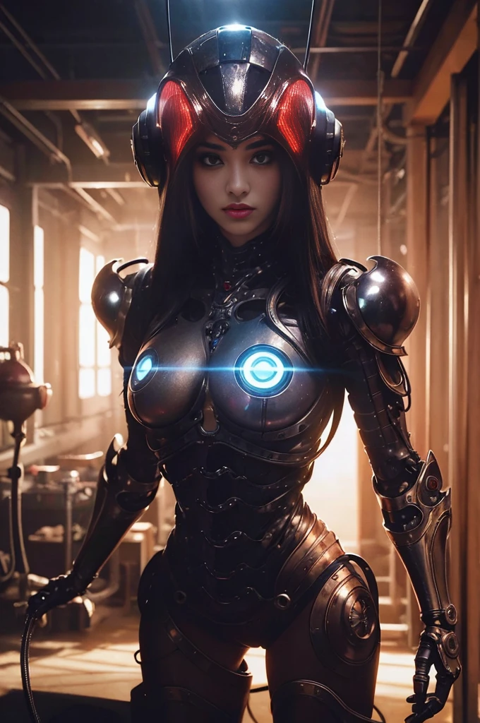 (Background of skimpy mechanical girl and octopus alien)、(Mystical expression)、highest quality、masterpiece、Super high resolution、(Photoreal:1.4)、RAW photo、1 girl、glowing skin、(((1 Mechanical Girl)))、Heavy chest、(red metalボディスーツ)、(Natural alien background to fight aliens)、(Small LED)、((Super realistic details))、vertical giant monster background),global illumination、Shadow、octane rendering、8k、super sharp、Robot background、big breasts、Raw skin exposed in the cleavage、red metal、intricate decorative details、Japan details、very intricate details、realistic light、(Mystical expression),CG Society Trenlow Eyes、Eyes shining towards the camera、Mechanical marginal blood vessels connected to neon detail tubes)、(Wires and cables connecting to the head)、Small LED、,mechanical thighs、two stock、(Hands are also made of machines)、roboT、future alien、Please wear a mechanical helmet、transparent face guard on helmet、