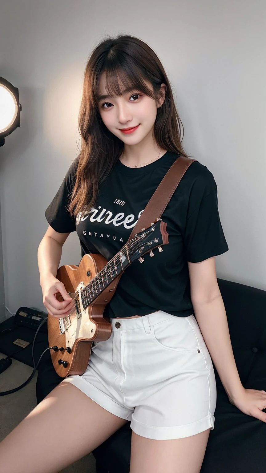 ((best quality)), photorealistic, photorealism, Photorealistic, high resolution、 black t shirt、Red checked long pants, JK Style、sheer floral t shirt、smile、A superb beauty、Super cute、ennui、Rare beauty、short hair、Black Dark Eyeshadow、Sad、white skin、pale skin, short hair straightener、Cute Smile、Fragrant beauty、Mastepiece、Best Quality、Refers to 5 books、Sweat glistening on my chest、Sweat glistening on my face、Small breasts、Blonde hair、Age 20 years old、Mysterious look、A sad expression、Blonde Hair、enchanting castle、Sweating profusely all over the body、A lot of sweat and light on the thighs、Shiny thighs、Plenty of sweat glistening on the thighs、A large amount of sweat glistens on my thighs、Sweating profusely、Gal、Medium breasts、beautiful face、Alluring expression、Thin thighs、Playing electric guitar、I have an electric guitar、Sing a song enthusiastically、Playing guitar in a band、Playing guitar chords、Live House Background、Sing a song、Open your mouth、Live house scenery、Glamorous live stage、Dynamic Angle、cinematic lighting