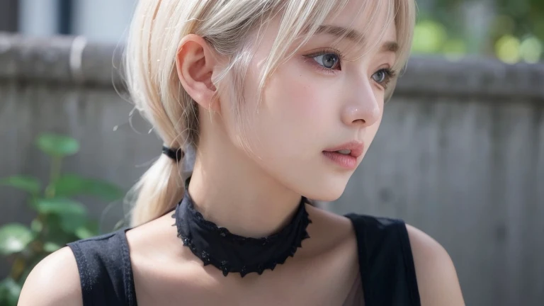 (Ponytail Hair, Platinum Blonde Hair:1.2),(Wearing a choker, Wear a black blouse:1.2),1 girl,Japanese,21 years old,(Small breasts:1.3),(Highest quality,masterpiece:1.3,超A high resolution,),(Ultra-detailed,Caustics),(Photorealistic:1.4,RAW shooting,)Ultra-Realistic Capture,Very detailed,High resolution 16K human skin close-up。 Natural skin texture、,Pores、、It needs to be detailed enough to be easily identifiable。 Skin should be even-toned and healthy looking。 Use natural light and colour, Sad expression, Looking at the camera, Perfect dynamic composition, Outdoor