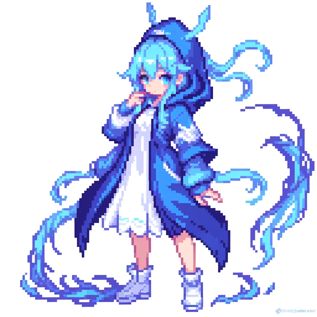 masterpiece , best quality , pixel art , 1 girl , fantasy clothes , full body , white background , hoodie , blue