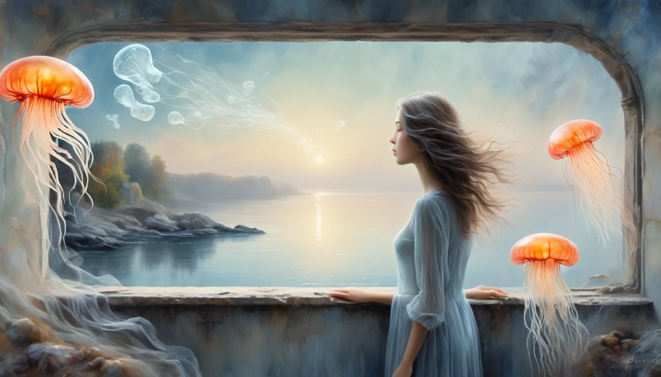 The scenery outside the window，Looking out from the window，Girl looking into the distance at the window，The Faceless Stone Woman on the Bridge，Handheld Light，Background with jellyfish, With the sky as a background, Brome's Art, Magic  artwork, super fine, Fantasy Art Surrealism Brzezinski