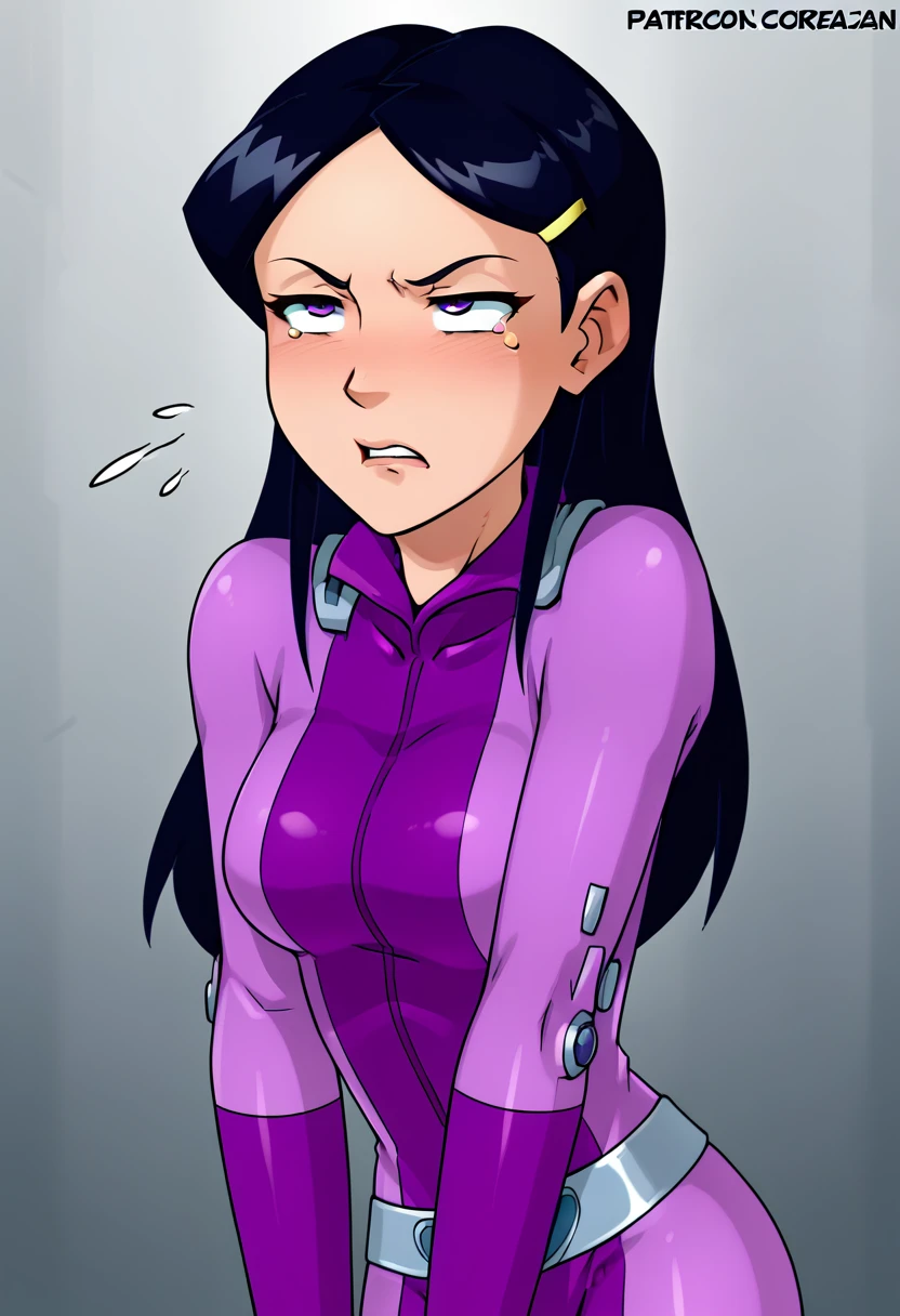 score_9, score_8_up, score_7_up, BREAK source_anime, 1girl, solo, mandy \(totally spies\), long hair, black hair, purple eyes, hairpin, purple bodysuit, belt, tired, face focus, winter , sex stream,sex setup,slut,choking deepthroat