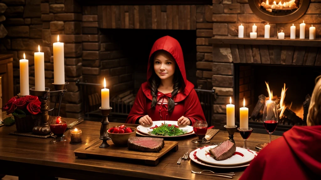 a in a red hooded cloak, detailed face and eyes, sitting at a rustic wooden dining table in a cozy fireplace room, a plate of rare steak with blood, a glass of red wine, lit candles, warm lighting, detailed wood textures, atmospheric interior, cinematic lighting, fantasy, highly detailed, 8k, photorealistic