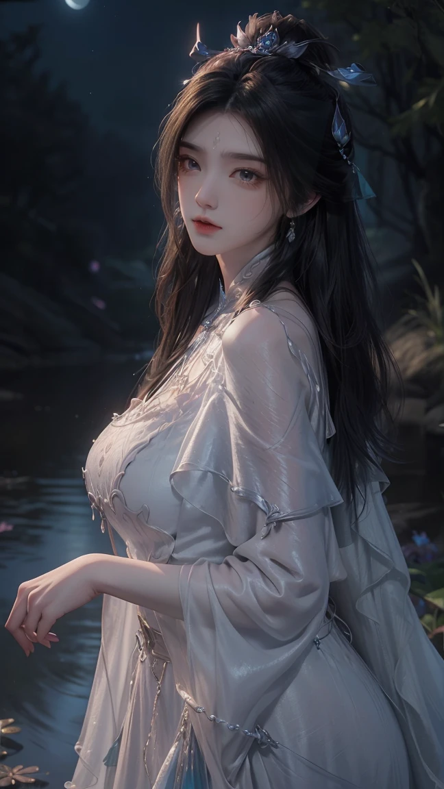 light particles, halo, (bioluminescent:0.95), bioluminescent, piercing glare,  vibrant, (((colourful))), color, (glowing, glow),ancient customs, wind blow, blossom, pond, night, moon relection in the pond, reflection light, depth of field, from behind, multiple views, delicated best quality ,masterpiece, illustration, an extremely delicate and beautiful, extremely detailed ,CG ,unity ,8k wallpaper, Amazing, finely detail, masterpiece,best quality,official art,extremely detailed CG unity 8k wallpaper,absurdres, incredibly absurdres, huge filesize , ultra-detailed, highres, extremely detailed,beautiful detailed girl, extremely detailed eyes and face, beautiful detailed eyes,light on face,1girl, (Super realistic),  (brown hair), (hair over one eye), (single braid hair), (rainbow eyes), ((hair ornament)), ((jewelry)), (hair jewelry), (((describe the arm in detail))), (((Super ))), ((sagging breasts)), ((Plump body)), (thighs), ((Plump )),, (detailed description of hair), ((upper body)), (Bare shoulder), ((collarbone)), (off shoulder), (Shiny skin), (detailed description of face), (Extremely detailed description of the eyes), (detailed description of body), (white and translucent skin), peerless beauty, (extreme beauty), (red lips), (shy ), (seductive smile), ((gothic lolitia dress)), (every pose),(smiling)