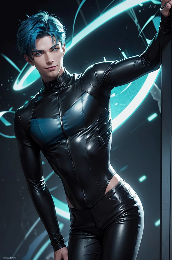 Young man with mid-length blue hair, light blue eyes, leather jacket, white star-patterned pants, skeleton-style mouth mask, tight black leather t-shirt with rib pattern, tight-fitting garment, visible navel, freckle tattoo, cute, beautiful eyes, delicate features, soft colors, serene atmosphere, high quality, detailed, photorealistic, photo-realistic:1. 37, 4k, ultra-detailed, extremely detailed, hyperrealistic, highly detailed, masterpiece:1.2, vibrant colors, natural lighting, cinematic, dramatic, fantastic, magical, surreal.