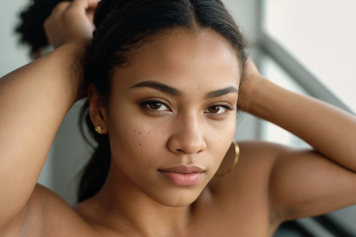 A realistic high detailed skin shirtless black girl lying in bed I'm on top of her face close up