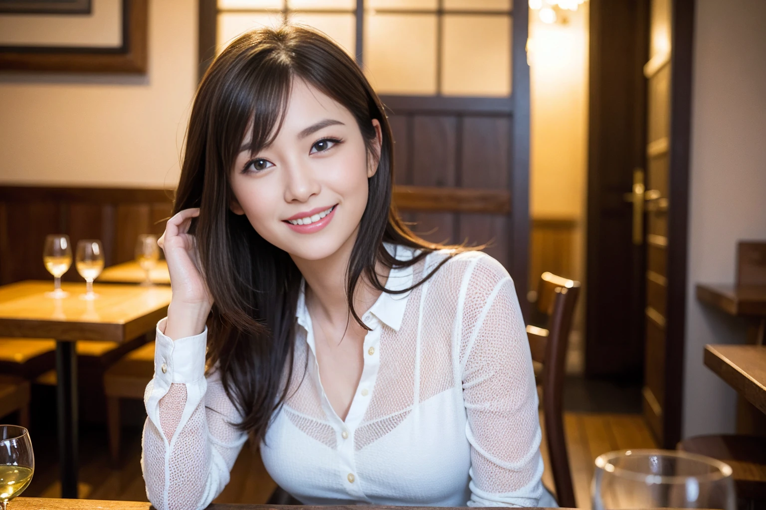 ​masterpiece, top-quality, Photorealsitic、Stylish café、Sitting on the other side of the table、Esbian、20 years girl、full body Esbian、Short-cut hair、Smile at the Japan、NSFW、portlate、Beautiful、White clothes、The chest is fluttering