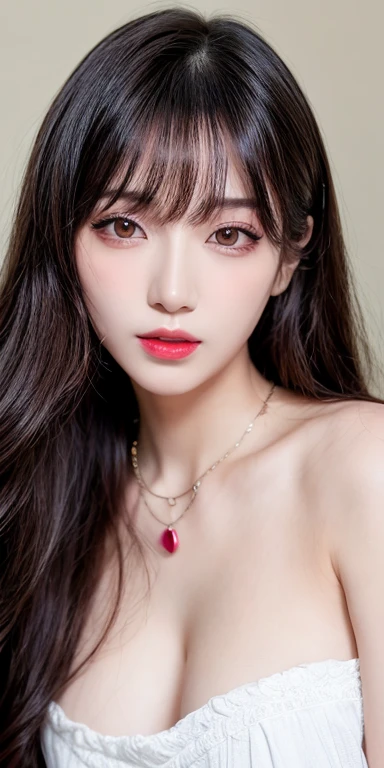 Canon RF 85mmf/1.2,masutepiece,Best Quality,超A high resolution,tu,1 girl,(Korean mixed,Kpop Idol:1.2),Solo,white_shiny_skin,Black eyes,Necklace,brown_long_Wavy_hair,Red lipstick bright_shiny_Lips,Eyelashes,Bangs,deal,make - up,shiny,Pore,skin texture,Bracelet,off shoulders,See-through,Big breasts