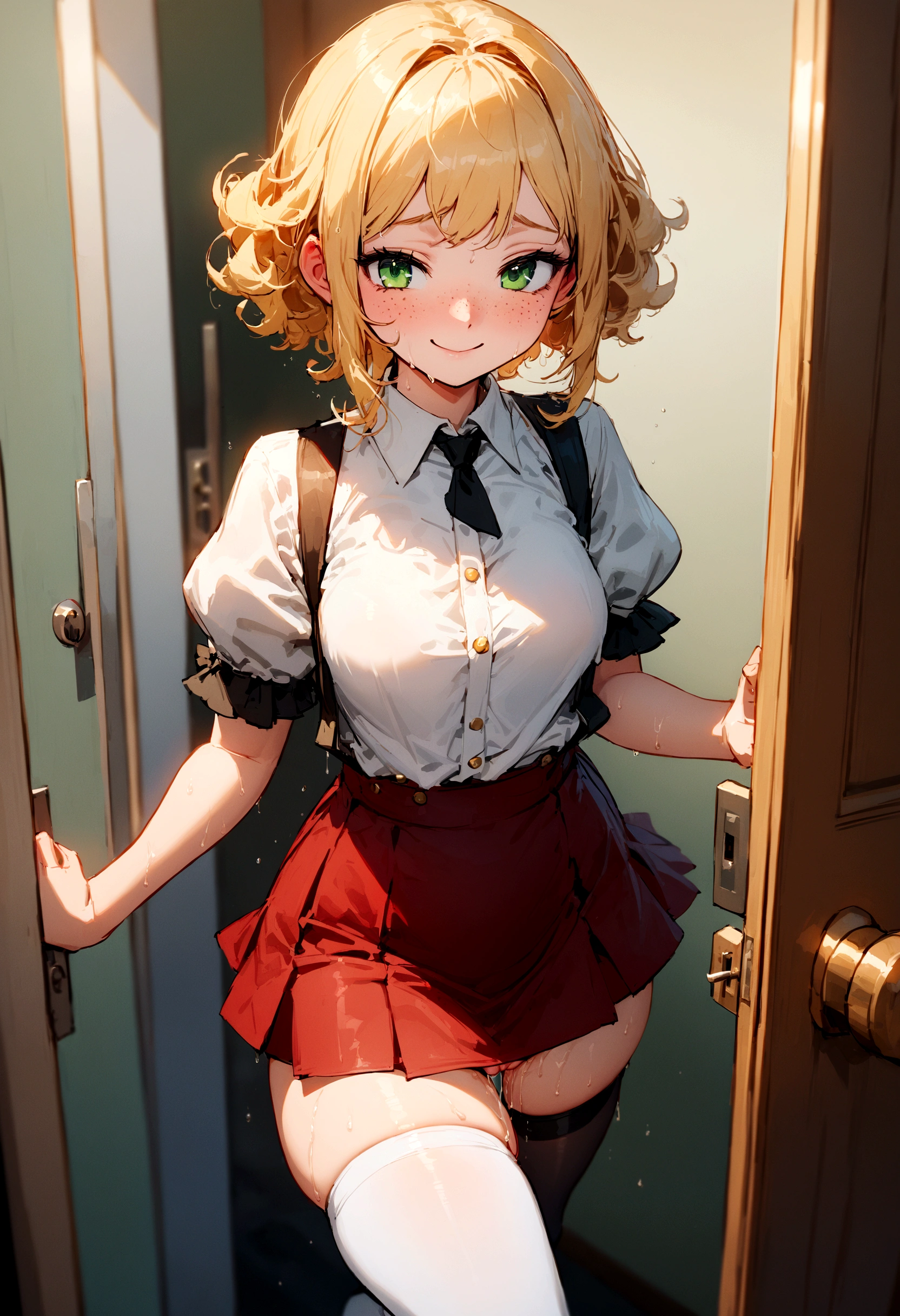 (((1girl))), ((best quality)), ((masterpiece)), ((ultra-detailed)), (illustration), (detailed light), (an extremely delicate and beautiful), (beautiful detailed eyes), (sunlight), ((extremely light)), ((extremely clothes)), (((hyper detail))), (((extremely high resolution))),
(((typical school blazer and a brief pleated skirt))),
high school girl,
wavy manish bob, ((((yellow blond hair)))), (((short hair))),
(((deep red eyes))),
(((whole body))), to 16
(((condescending expression))), (mischievous smile with sexual action), (((extra adorable))), (((extra slender shape))),
(((extremely beautiful detailed face))),
(((standing up lifting her skirt up))), (((((Dutch angle))))),
((exposed pale pink silk panties)), ((((extremely thin thighs))), (((white ankle socks)))