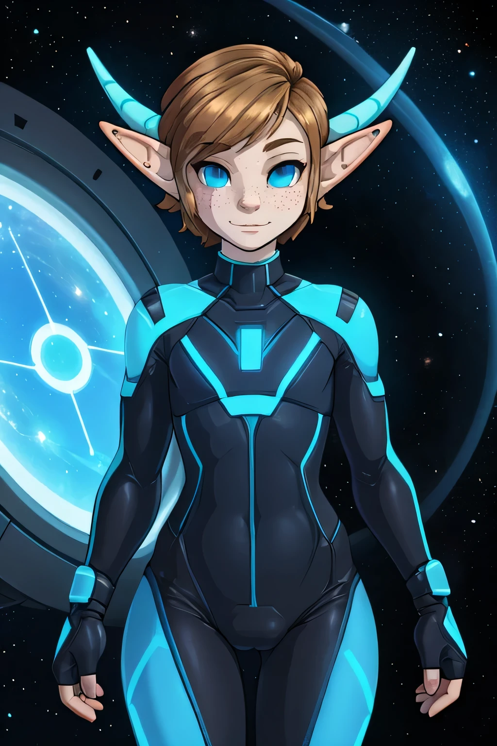 (Cute elf tomboy), space station background, thin body, slim, fit, tron bodysuit, very short hair, dark blonde hair, (slicked back hair, forehead), blue eyes, forehead, flat chested, dragon horns, freckles