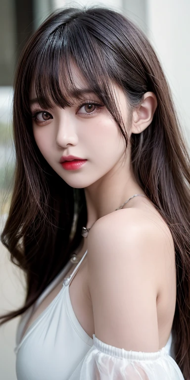 Canon RF 85mmf/1.2,masutepiece,Best Quality,超A high resolution,tu,1 girl,(Korean mixed,Kpop Idol:1.2),Solo,white_shiny_skin,Black eyes,Necklace,brown_long_Wavy_hair,Red lipstick bright_shiny_Lips,Eyelashes,Bangs,deal,make - up,shiny,Pore,skin texture,Bracelet,off shoulders,See-through,Big breasts