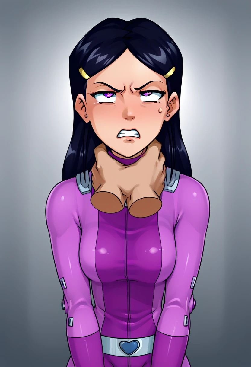 score_9, score_8_up, score_7_up, BREAK source_anime, 1girl, solo, mandy \(totally spies\), long hair, black hair, purple eyes, hairpin, purple bodysuit, belt, tired, face focus, winter , sex stream,sex setup,slut,choking deepthroat, mind break,love sense,love eyes, gang bang, 1girl,4 guys,big cock , throat bulge, choking,slut