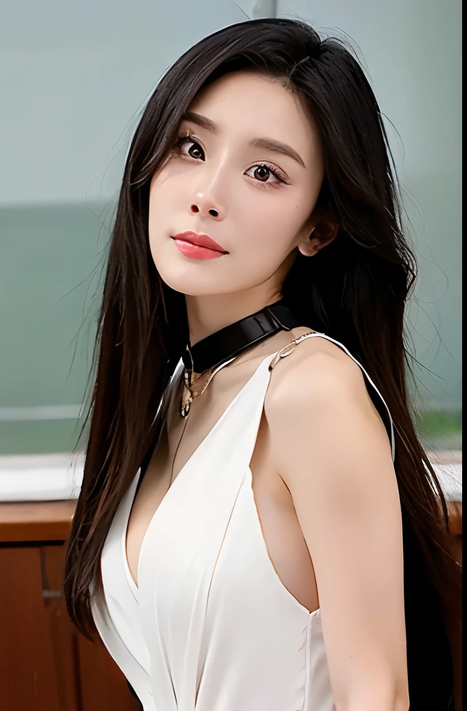 Beautiful woman with perfect body：1.4，Layered Hairstyle，Highly detailed face and skin textures，Double eyelids，Skin Whitening，Long hair，Whitened long legs，（Good，Collar），Standing in the classroom