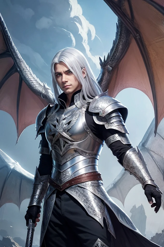 Best Quality, Masterpiece, Photorealism, Intricate Details, Photon Rendering, Octane Rendering, Ultra Detailed, Detailed Leather, ArtStation Trends, 8K Masterpiece, Cinematic Lighting, ((1boy)),((Solo)),(looking_at_viewer)),CG Society Trend,Plasticien,((Silver Hair, Black Hair)),(Handsome Man)), Abs, Perfect Body, White Tuxedo, Ultra Detailed Face, Detailed Lips, Detailed Arms, Detailed Legs,  Detailed eyes, in the castle day, European dragon dragon horns, European dragon, guy looking away, dragon wings
