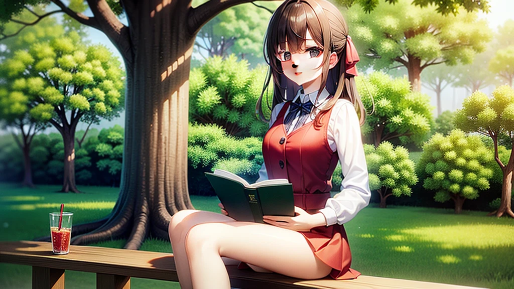 1girl，((Smooth black hair in a ponytail blowing in the wind，Clear black eyes))，((masterpiece，Very realistic，A detailed anime wallpaper:1.4))，((Perfect Anatomy:1.2))，((Front close-up photo))，Cute symmetrical face，CG Unity 8k，((Black long-sleeved sailor suit，black pleated mini skirt，Intellectual glasses，Black thigh-high socks:1.5))，8K quality，Extremely sophisticated digital art，((She is sitting on a bench with her legs spread and reading a book.:1.35))，A perfect, cute, and excellent girl，Looking at the camera with a gentle smile，A soothing smile，Very large breasts，Extremely detailed hair and face，Artistic pastel art，((A tree-lined road at dusk with autumn leaves fluttering beautifully:1.1))，((M-shaped legs spread on the bench:1.9))，Spread your legs，Professional Lighting，Supermodel，((Red lace sexy panties:1.09))