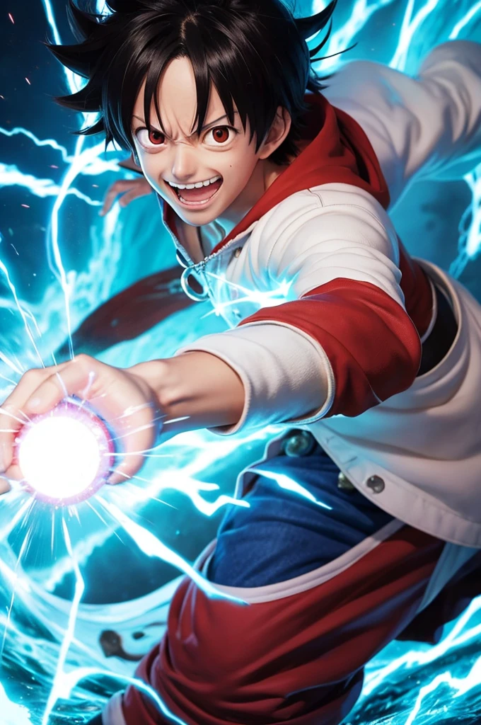 A dynamic portrait of Monkey D. Luffy from One Piece. His hair is white and spiked up, with glowing red eyes. He's wearing a white jacket open at the chest. In his hands, he's manipulating a bright blue-white energy sphere, surrounded by crackling blue electricity. The background swirls with intense waves of purple, blue, and white light. The overall composition exudes power and intense energy. The style is anime-inspired but with a more realistic and impactful rendering. Luffy's expression shows a determined grin, his eyes blazing with challenge. Electric-like energy bursts radiate around him, emphasizing his power. The artwork captures Luffy in a moment of unleashing a powerful ability, showcasing his strength and resolve