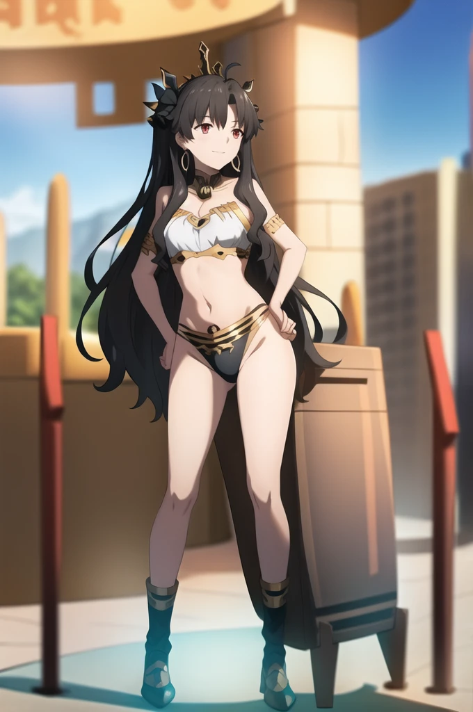 Highest quality, (masterpiece:1.2), detailed, Blurred Background,
Ishtar,
One girl, alone, Open your mouth, A light smile,
Black Hair, Red eyes, Both sides up, Black Ribbon, Crown, Hoop Earrings,
White bikini top, black bikini bottom, Gold border, Elbow hand pockets, Knee socks, Asymmetrical legwear,
Are standing, Hands on hips, Looking at the audience,
Outdoor, desert