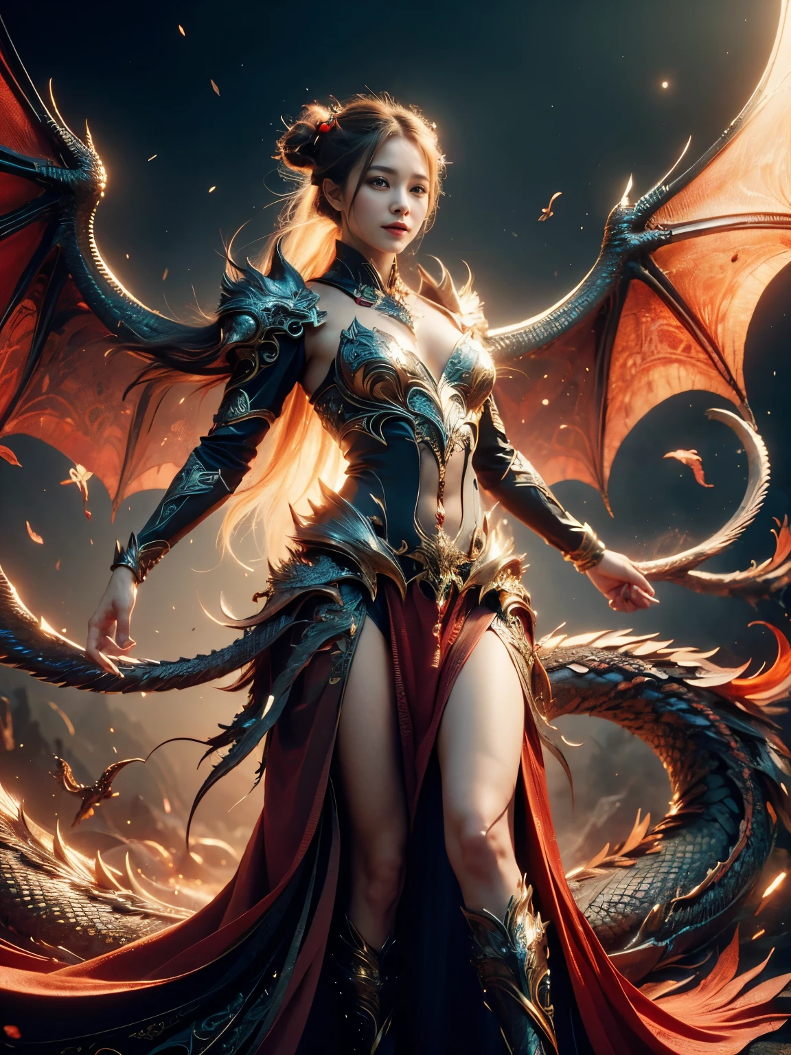 (Cinematic Photo:1.3) from (Realistic:1.3), (Smile:1.3) (Cinematic Photo:1.3) from (Realistic:1.3), (Magic Photo:1.3) from (Realistic:1.3), (Proud:1.3), A powerful and elegant woman perfectly integrated with the essence of the dragon, Imaginative and visually striking digital artwork, (This woman exudes confidence and grace with dragon-inspired elements such as scales, wings, or subtle fiery details), A mythical and mesmerizing atmosphere, A harmonious fusion of human and dragon characteristics, full body,
Vibrant colors, dynamic poses, exquisite details, 32k UHD resolution, DSLR, professional photography, high quality, best quality, realistic photo, cinematic angle, cinematic lighting, vibrant color, vivid color, sharp focus