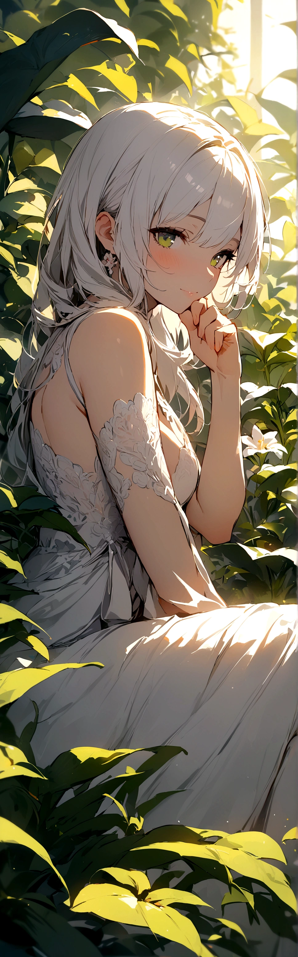 Exquisite slender gentle girl of 20 years old with a perfect very beautiful delicate face with straight blond silver hair (with purple eyes) naked with tender breasts in the rays of the rising sun (Barefoot) (in a white long skirt) (((with beautiful soft small naked breasts with pink naked nipples))) drinking on the veranda in the garden (Coffee) and looks at the flowers, in watercolor style, discreet light shades, Flares, imitation of film photography, against the sun, a lot of sun glare, light fills the frame