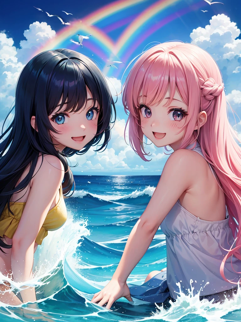(Sky blue medium hair),(Braided hair tied together)、Pink eyes、Fair skin、(whole body)、(One Girl)、Black Swimsuit、Stylish sunglasses、Shining white sand beach in midsummer、Hawaiian Ocean、A big smile、、(masterpiece、Highest quality、Very detailed、Best Shadow)、(Detailed Background)、(Beautifully detailed face)、High contrast、(Best lighting、Very delicate and beautiful)、((Cinematic Light))、colorful、Hyper Detail、Dramatic Light、Exquisite detail