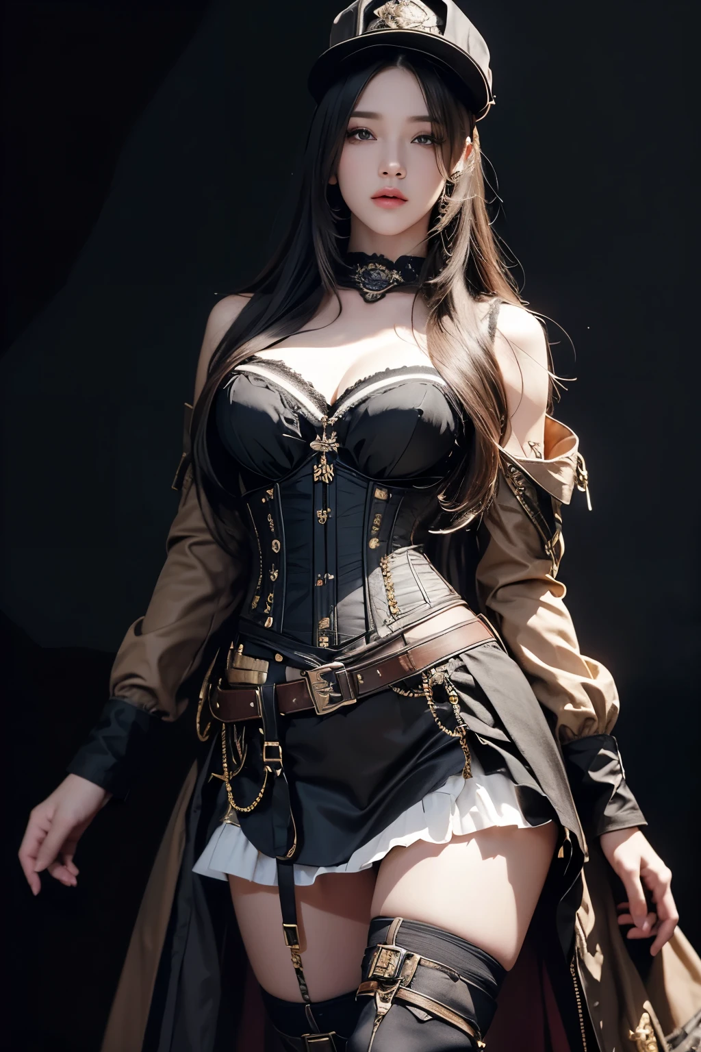 masterpiece, Highest quality, Very detailed, To the camera, Very detailed, Realistic, Sharp features, Very detailed, Sharp focus, Perfect Face, Perfect Face, Perfect symmetry and perfect eyes, Perfect plump lips, Flexible female form, cinematic, Film Light, Very detailed, hyper Realistic, masterpiece, Atmospheric, High resolution, Vibrant, Dynamic Studio Lighting, ((Dark Background)), The expression when enduring pleasure, Realistic, High resolution, 1 female, Hip Up, Beautiful Eyes, Long Hair, Ring-shaped eyes, jewelry, tattoo, skirt, Thighs, hat, jewelry, boots, belt, lips, zettai ryouiki, boots de coxa, corset, topper, Steampunk, Steampunk_Fantasy