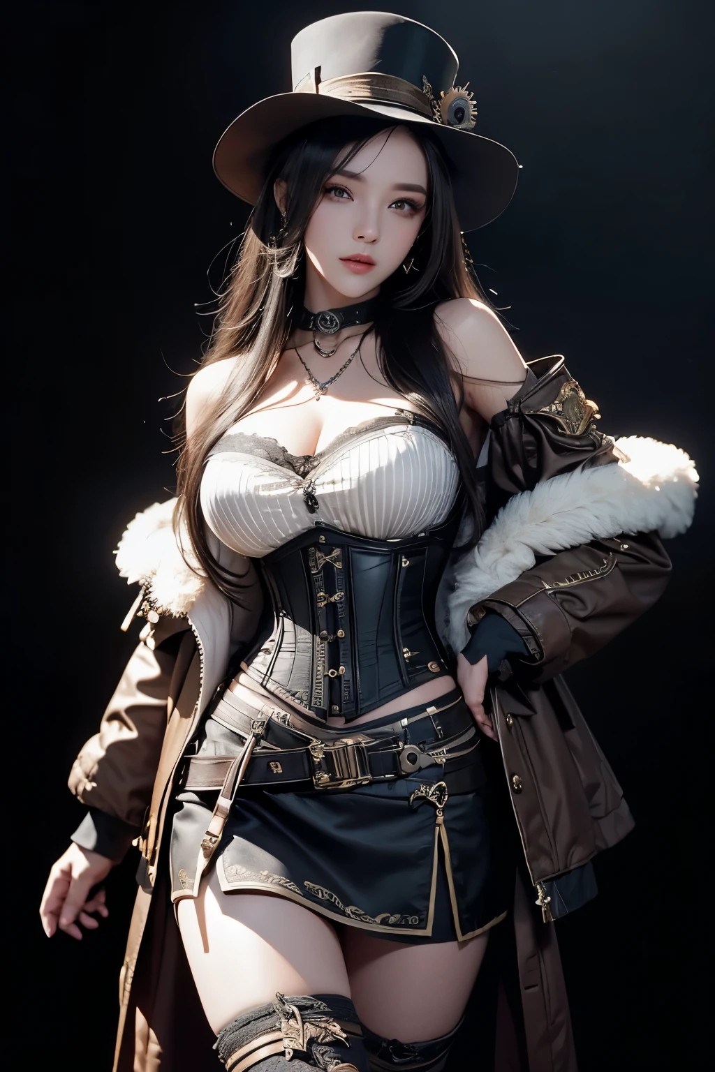 （Front Focus），Surrealist portraits of women by David Hockney and Alphonse Mucha，((ultra gigantic tits))、((Upper body naked))、Steampunk world、Steampunk street corner、((steampunc))、( Exposed)、(((A smile)))、((Wearing steampunk clothes))、Fantasyart，(((dark pink medium hair)))、(((steampunk outfit)))、Wearing steampunk clothes、((Sexy Japan Schoolgirl、Steampunk clothes with less fabric))、photographrealistic，动态照明，art  stations，poster for，Volumetriclighting，extra detailed face，4 k''，((Colossal tits))、Beautifully embroidered sexy steampunk clothes，With diamonds，Sexy thighs，Decorated with fine steampunk costumes and fine jewelry，exposing the abdomen ,Chest 1 Girl, In the Dark, deepshadow, low tune, Cowboy Shot,(official clothing:1.4), The eyes are confused and seductive，legs separated