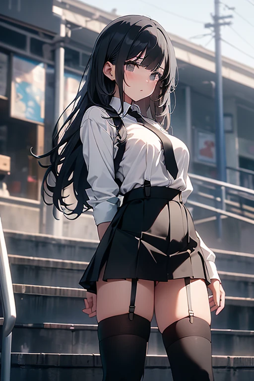 Long black hair、Looking at the audience　　suspenders　　　bulging big breasts　　 　 　　　　Black mini skirt　garter belt　Knee-high socks　　　　　　sight　　　Small face　bangs 　　　　　beauty　　Show your hand　　 　sight 　Black boots 　Taunt　　　One person 　　　Dress shirt　　Panty shot　Hands Behind Back　put your Hands Behind Back your back　fold your hands behind your back　With your Hands Behind Back your back