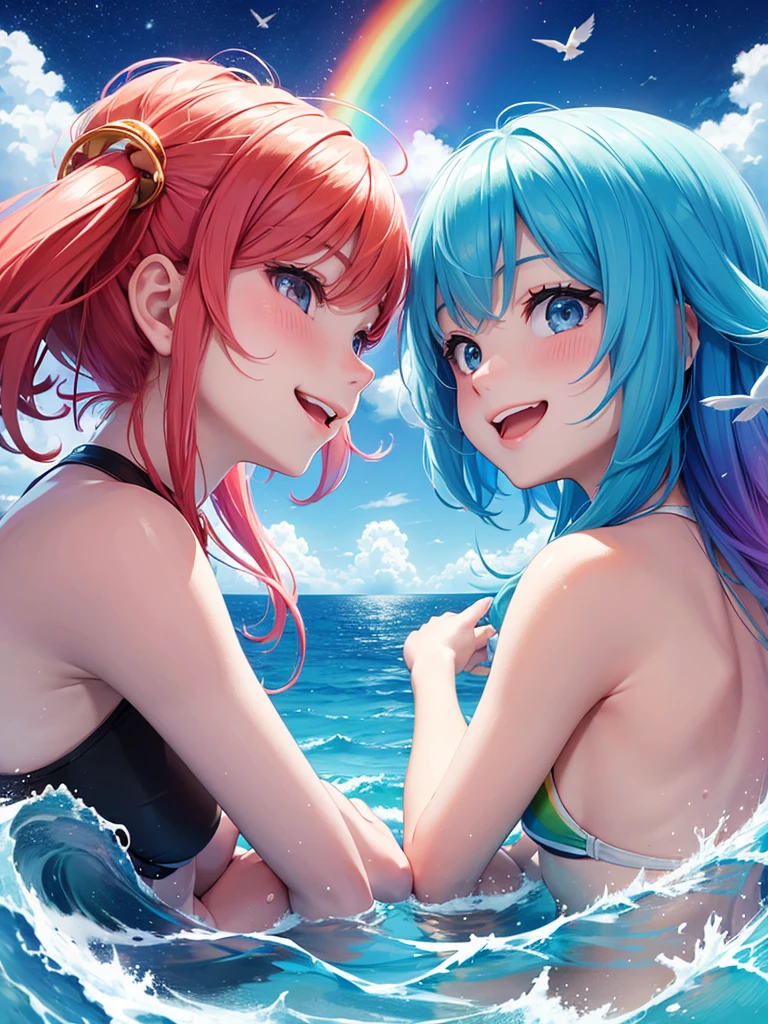 2 girls,blue bekini,beach, sommer, kissing