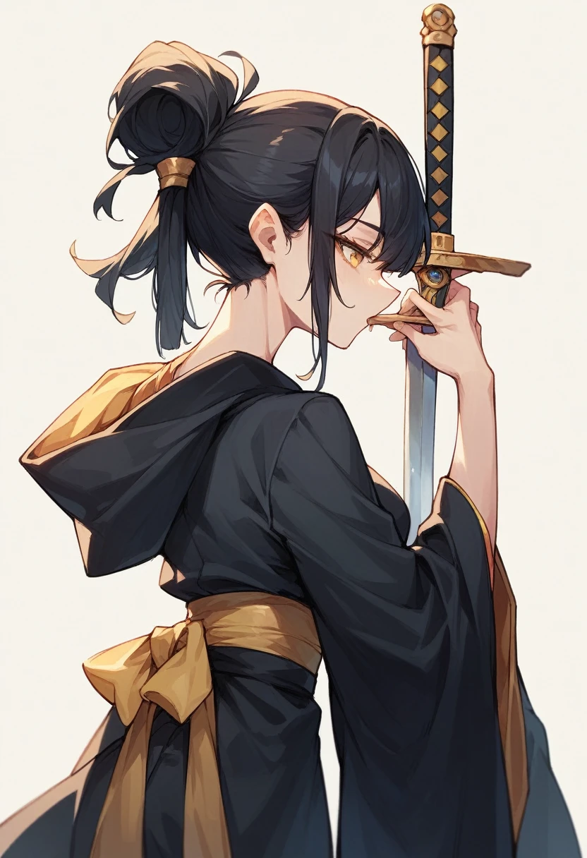 masterpiece, Highest quality, Illustration of a futuristic female ninja with black hair, watercolor (Moderate), One person, chest，Erect nipples, Dressed in a sophisticated modern ninja outfit，Equipped with traditional and technological weapons. She has long black hair，Tied with red ribbons and symbols。She must be wearing a luxurious black outfit with red accents，These contain letters. she has a dagger，The hilt and scabbard have intricate patterns. The background is the Edo period, Five Fingers, Right Fist.