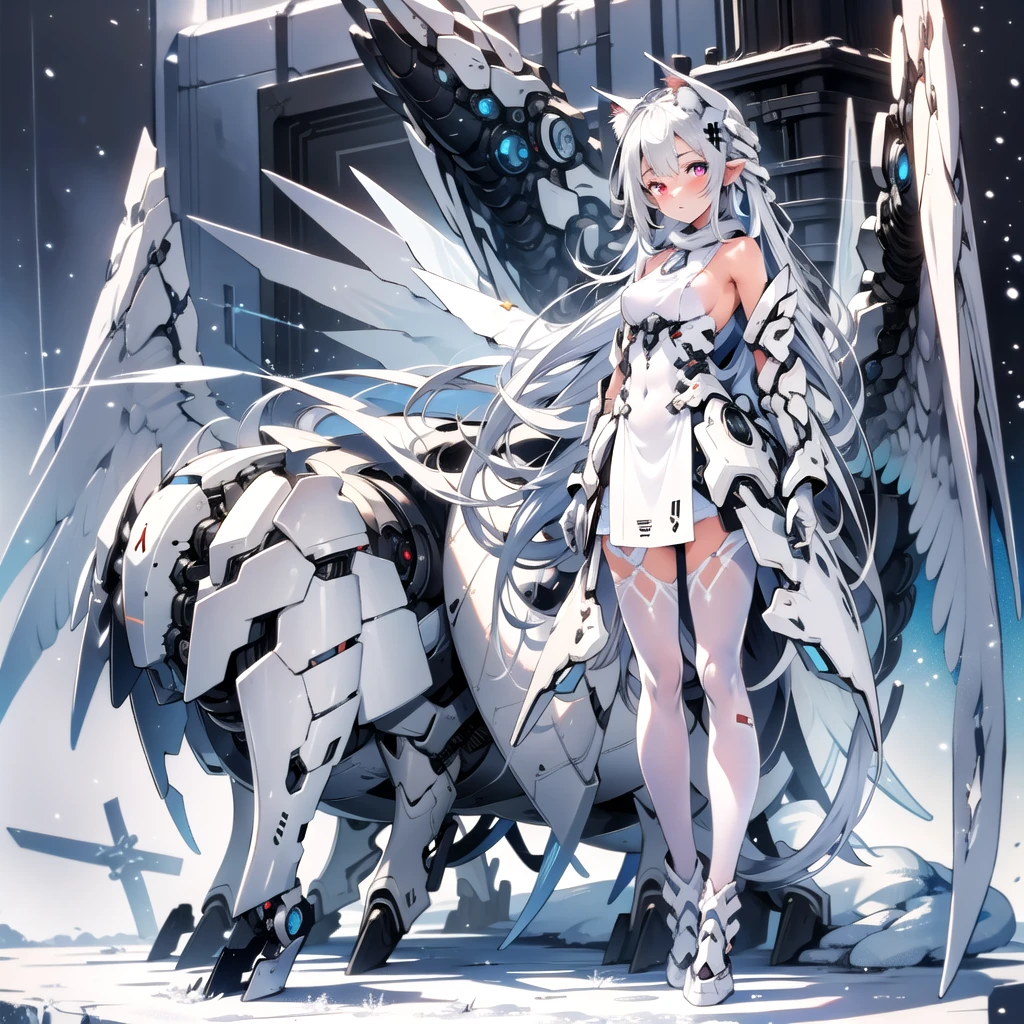 masterpiece, highest quality, highest resolution, clear_image, detailed details, White hair, long hair, cat ears, 1 girl, red eyes, white pantyhose, sci-fi dress, white scarf (white scarf around the neck with a light blue glow), gray futuristic halo (gray halo over the head), white wings (4 wings), cute, full body, no water marks, snow