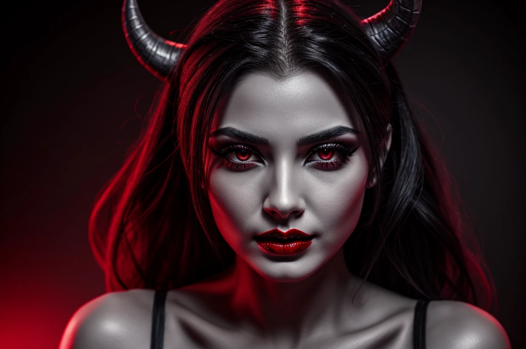 demon with high quality detail, demoness with beautiful model face, shimering lips, model face, black and grey color, half body pose, very high detail, 8K resolution, bright red lipstick, huge juggss