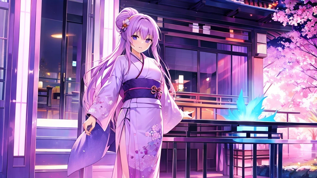 woman　clear　Light purple hair　　kimono　　Anime Style　Hotel
