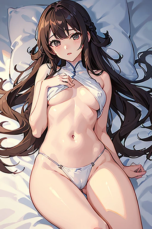 （（（Highest品質、First class work、Normal body、8K、Detailed face、Ultra-precision、Normal hand、通常のrefer to、５refer to、Highest）））,Underboob Top,Too much exposure,Beautiful adult woman、Estrus、Brown Hair、Long Hair、The most beautiful face、Beautiful Skin、Big eyes、Cute eyes、Droopy eyes、Brown eyes、Thin lips、Glossy Lips、light makeup、Fine hand、美しいrefer to、Beautiful body lines、Sexy Body、Long and beautiful legs、Looking into the camera、whole body、whole bodyが見える様に描いてください.、あなたのwhole bodyをもっと見たい、Drawing from head to toe、Spread your legs wide、Lying on one&#39;s back on a bed,lure,Extreme Sexy Poses、Front view、Professional Lighting、
