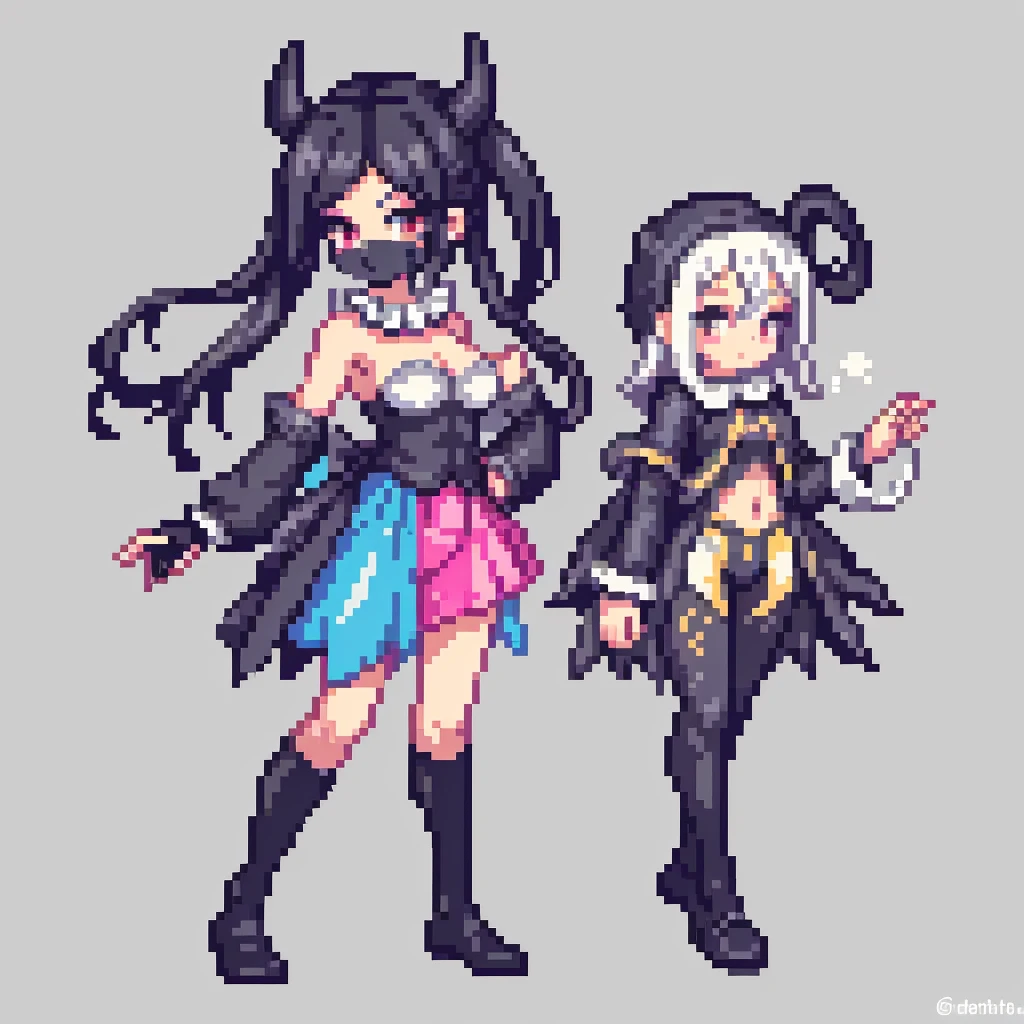 hornのある青いマントでポーズをとる青いLong Hairの女の子, One Girl, Multicolored Hair, Blue Hair, horn, Cape, alone, Long Hair, 口mask, mask, chest, Pink Hair, 青いCape, skirt,  username, Put your hands on your hips, 巻きhorn, View your viewers