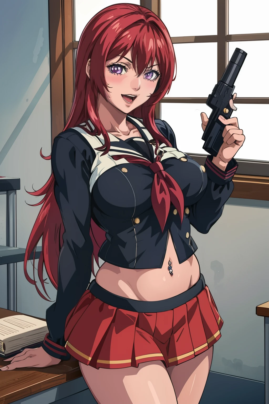 (high quality:1.2), intricate detailed, digital art,
(TakashiroGaiden:1.1), 1girl,  solo,
looking at viewer, smirk,
purple eyes, long hair, red hair,
anime girl with long hair, beautiful long haired girl, blush, lipstick, masterpiece, best quality, highly detailed, a anime girls in sailor uniforms with a gun posing for a picture,
evil smile, smile, open mouth,black_serafuku, ecchi anime style, anime girls , (nsfw) not safe for work,
ecchi style, ecchi, shipgirls, digital anime art!!, high school girls, holding a gun, hold a gun, anime style 4
k, micro skirt, exposed belly, exposed navel, exposed midriff,
exposed lower belly,school, classroom, navel piercing