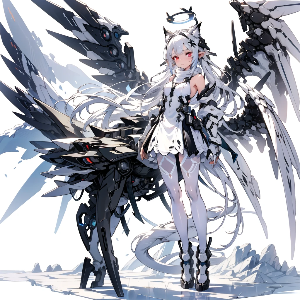 masterpiece, highest quality, highest resolution, clear_image, detailed details, White hair, long hair, cat ears, 1 girl, red eyes, white pantyhose, sci-fi dress, white scarf (white scarf around the neck with a light blue glow), gray futuristic halo (gray halo over the head), white wings (4 wings), cute, full body, no water marks, snow, normal ears