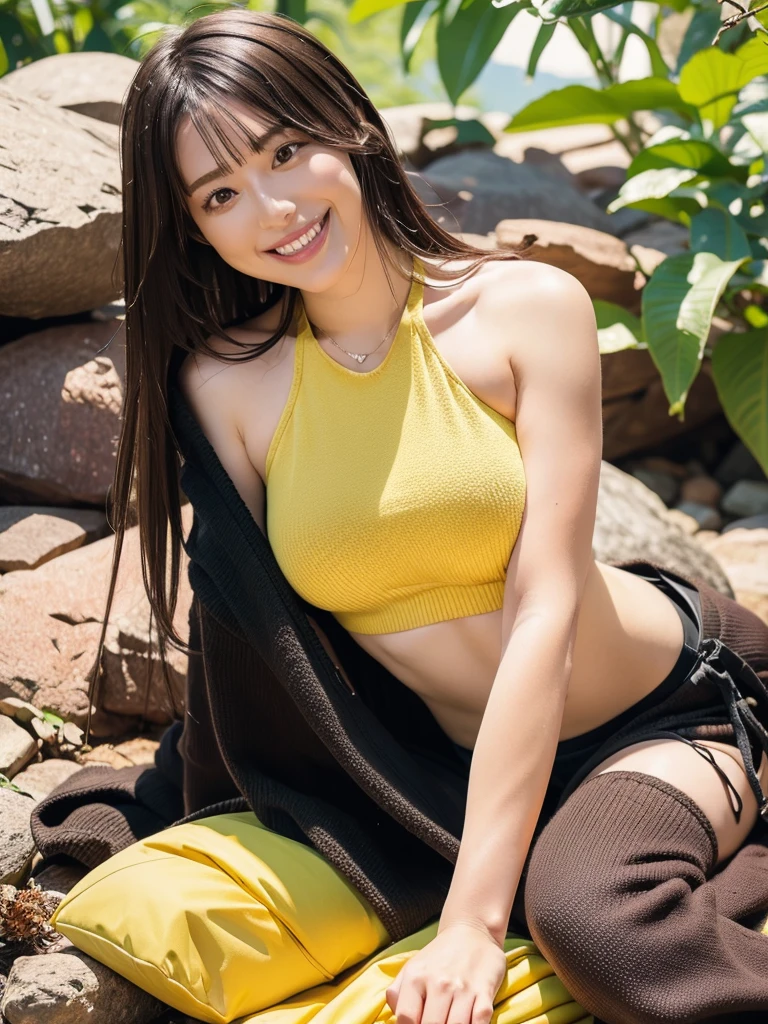 rie,One Woman,(best quality), (ultra detailed), (absolutely resolution), (the body is moist:1.2),Face is front,Highly revealing, 20-year-old, Crawling pose, (Off-the-shoulder bikini), The color of the swimsuit is yellow, The pattern of the swimsuit is paisley, Brown Hair, smile, Oze in early summer、Spectacular views of skunk cabbage and fresh greenery