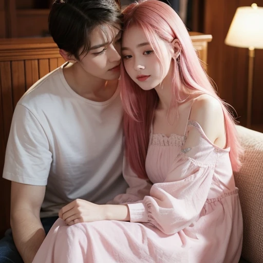 ((Highest quality))、((photograph))、((Her hair is long))、((Her hair is pink))、((She is wearing a short-sleeved dress))、((She is leaning on the man))、((She's crying))、indoor